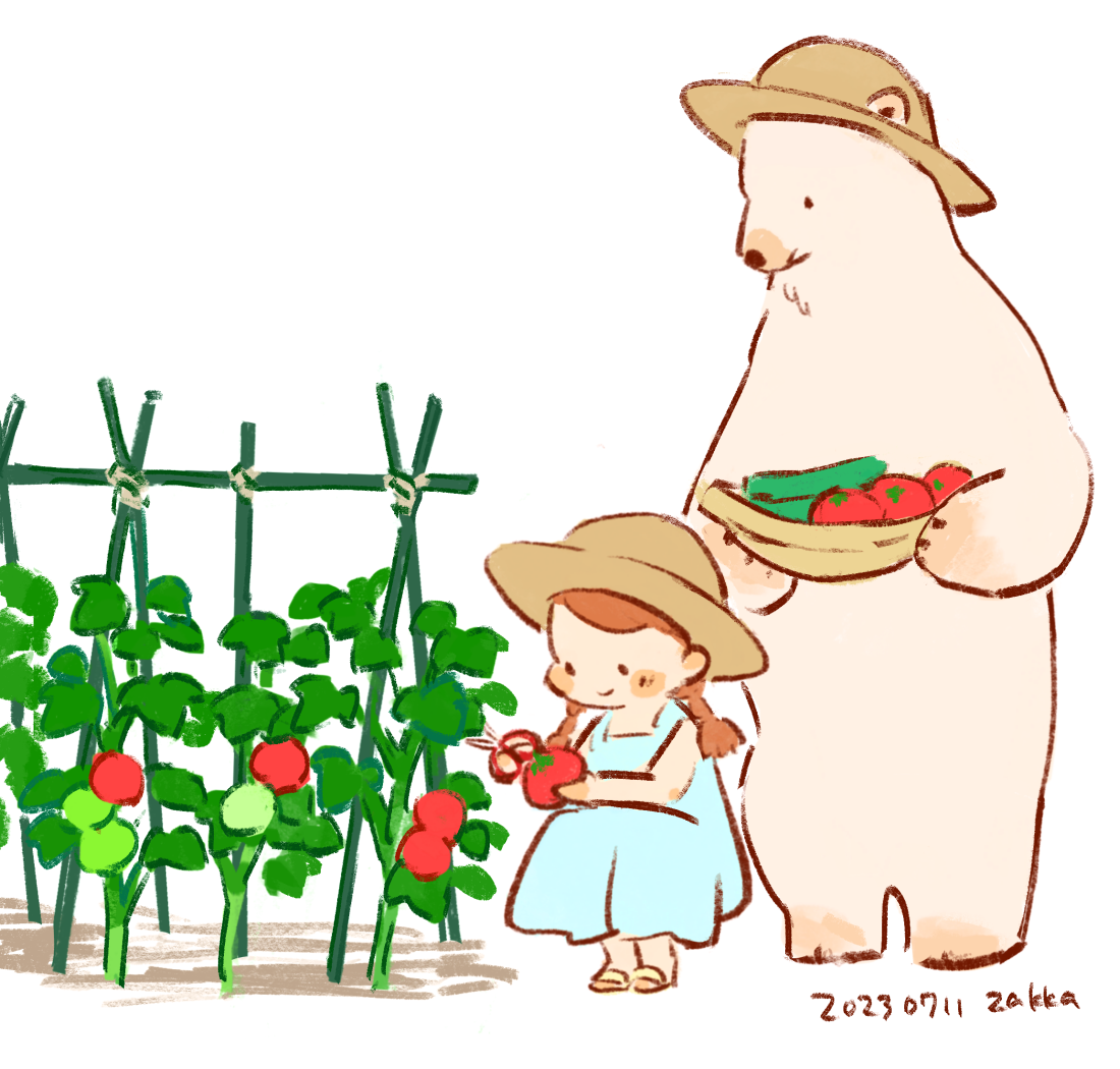 art of girl and bear harvesting tomatoes together